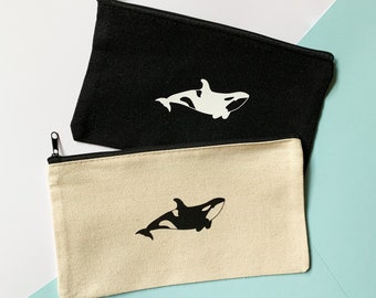 Bonita bolsa de algodón de ballena Orca - adorable caja de lápiz de lona animal y bolsa de maquillaje