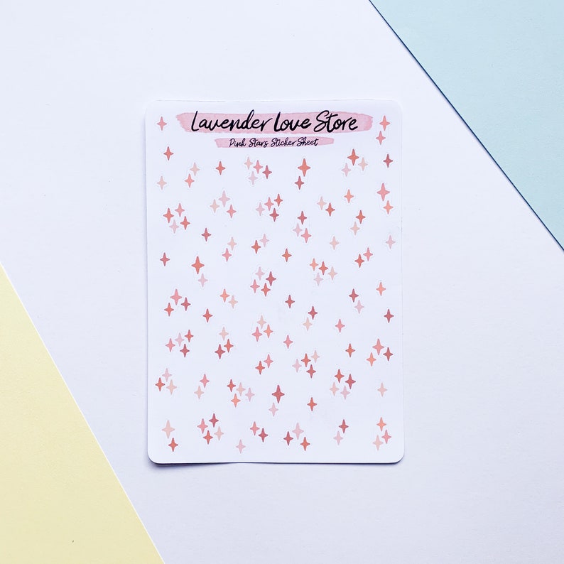 May include: A sheet of pink star stickers with the text "Lavender Love Store" and "Pink Stars Sticker Sheet".