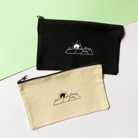 Mountain and Sunrise - Small Cotton Pouch - Adorable Canvas Pencil Case and Makeup Bag - Cute Nature Inspired Small Pouch