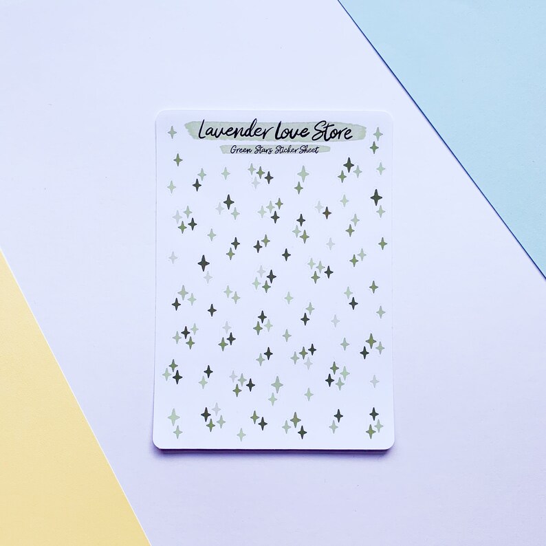 May include: A sheet of green star stickers with the text "Lavender Love Store" and "Green Stars Sticker Sheet".