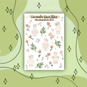 Könnte beinhalten: Eine Sticker-Tabelle mit floralem und Büsten-Motiv. Die Tabelle enthält verschiedene Sticker, darunter Büsten von Frauen mit Blumen, Blättern und Sternen. Der Text "Lavender Love Store" und "Floral Busts Sticker Sheet" befindet sich oben auf der Tabelle.