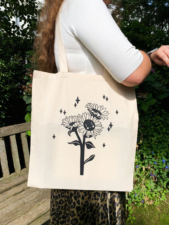 Cute Sunflower Reusable Cotton Tote Bag - Adorable Floral Canvas Bag - Eco Friendly Shopper