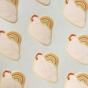 Adorable pollo muere corte pegatina - pollo con arco iris
