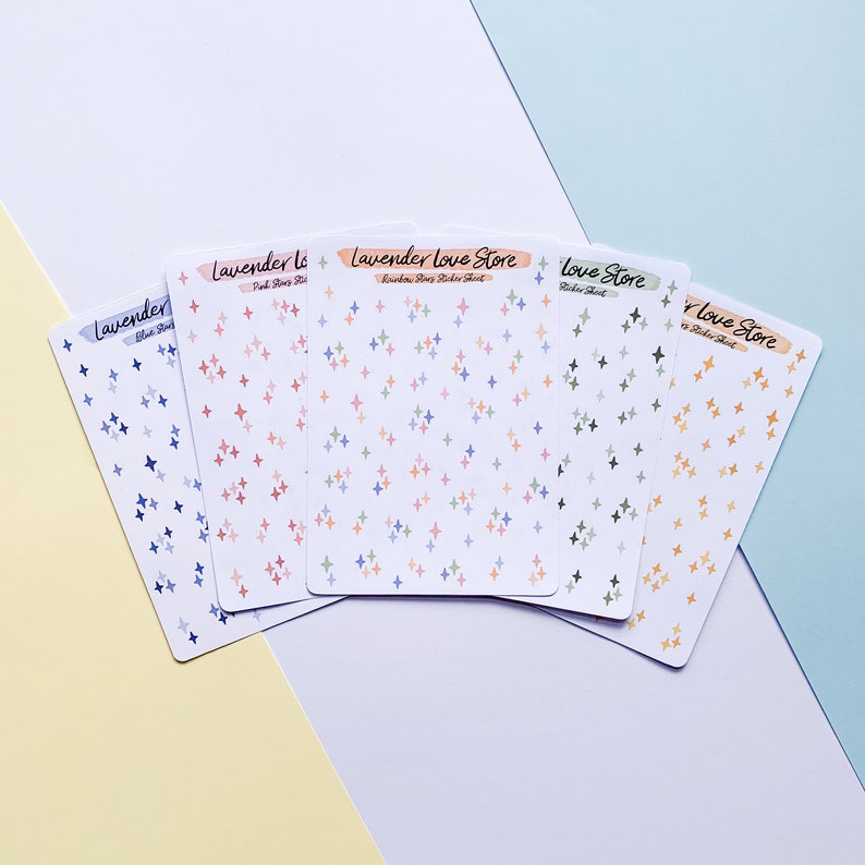 May include: Four sheets of stickers with different colored stars. The sheets are labeled "Lavender", "Lavender to", "Lavender Love Store", and "Love Store".