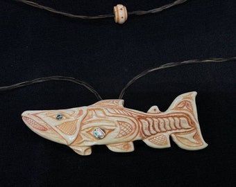 Tlingit-inspired Pendant with Salmon Print and Shell Inlay, Handcrafted Pacific Northwest Jewelry, Inuit Shaman Ritual Pendant, Replica