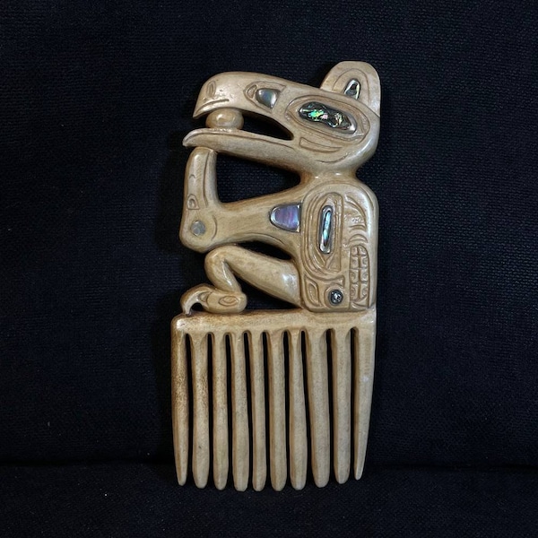 Native Americans Comb, Ritual Tlingit Comb with Eagle, Heron and Bear Print, Abalone Inlay, Replica, Inuit Jewelry, Gift Idea. Available Now