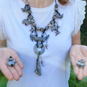 Indigenous Art Inspired Necklace with Earrings, Luxurious Statement Natural Carved Jewelry, Handmade Choker of Northern Cultures, Gift Idea