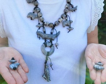 Indigenous Art Inspired Necklace with Earrings, Luxurious Statement Natural Carved Jewelry, Handmade Choker of Northern Cultures, Gift Idea