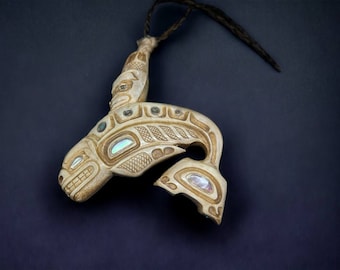 Orca Brother Pendant – Handcrafted Northwest Coast Inspired Amulet with Abalone Shell Inlay, Jewelry of Northern Cultures, Gift Idea