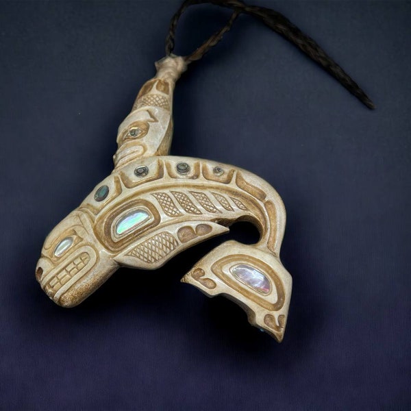 Inuit Hand Made Carved Shaman Sharm Ritual Pendant, Orca Brother Print, Eskimo Pendant, Inuit Jewelry, Abalone Inlay, Haida Gift #4