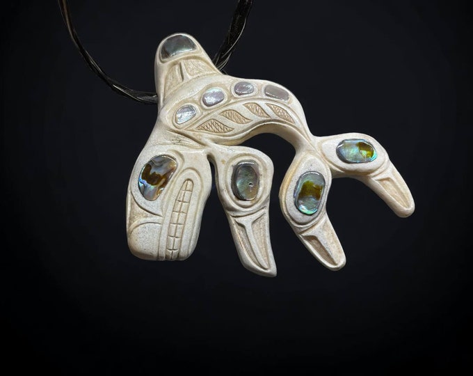 Inuit Hand Made Carved Shaman Sharm Ritual Pendant, Orca Brother Print