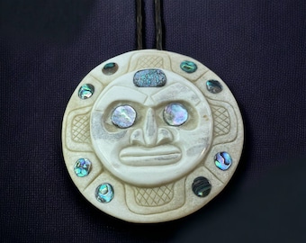 Northwest Coast-Inspired Sun Face Tribal Pendant, Amulet with Abalone Shell Inlay, Shamanic Art Style Jewelry of Northern Cultures