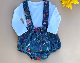 Baby Girl Fall Suspender Bloomers, Floral Bloomers, Suspender bloomer, Fall photo shoot baby outfit