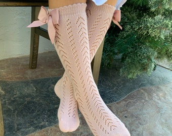 Dusty pink Crochet Knee high socks, Girls’ summer socks, Stylish socks, Cotton socks