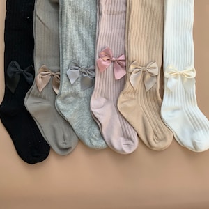 Meisjes katoenen panty&#39;s, strik gebreide panty&#39;s voor meisjes en baby/zwart, grijs, roze, crème, witte panty&#39;s/herfst gebreide panty&#39;s met strik