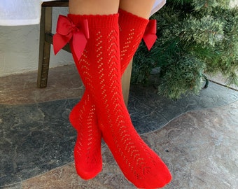 Red Crochet Knee high socks, Girls’ summer socks, Stylish socks, Cotton socks