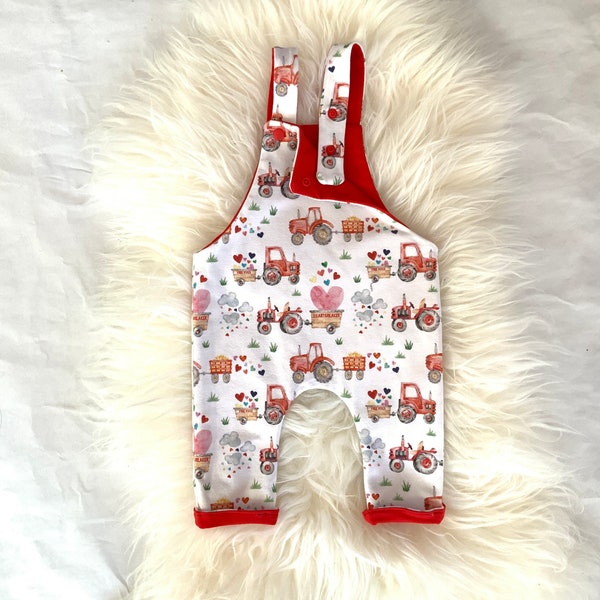 Valentine Romper overall, Tractor Carrying Hearts outfit, Boy Valentine outfit