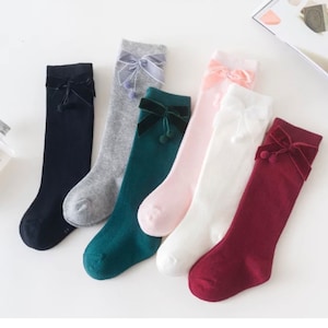 Cotton Knee high socks, Girls socks with bow, Pom Pom Velvet bow socks, Cotton socks