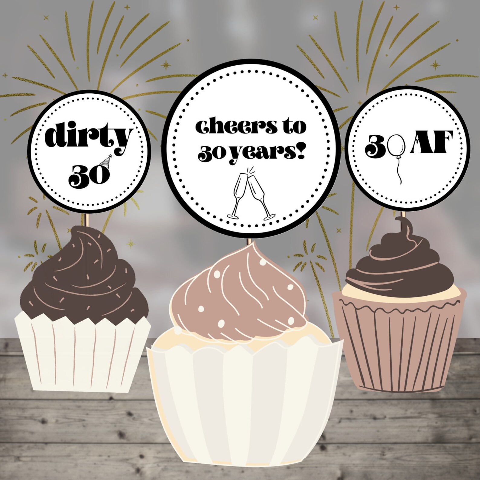 Printable Digital 30th Birthday Cupcake Toppers 30 Birthday | Etsy