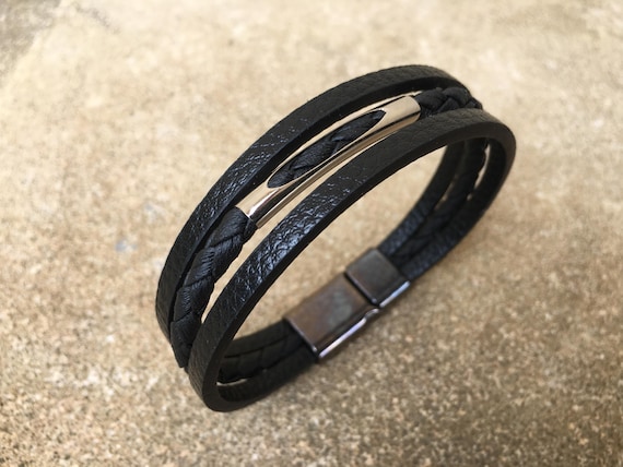 Genuine Leather Mens Multi-Strand Bracelet: Black or Brown