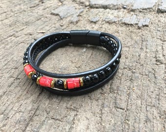Coral Onyx Leather Bracelet for Men: Stylish Multi-Strand Jewelry