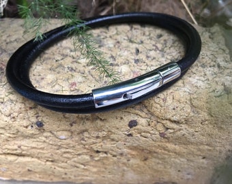 Handmade Leather Double Wrap Bracelet: Stainless Steel Clasp