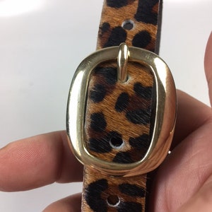 May include: A brown and black leopard print belt with a gold metal buckle.