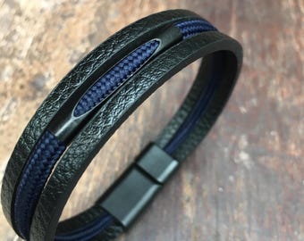 Men's Genuine Leather Bracelet with Blue Paracord Detail