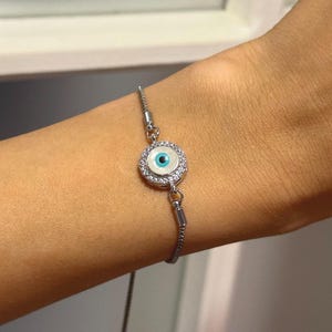 White Zircon Evil Eye Bracelet – Adjustable Silver Protection Jewelry for Women – Dainty Turkish Nazar Charm