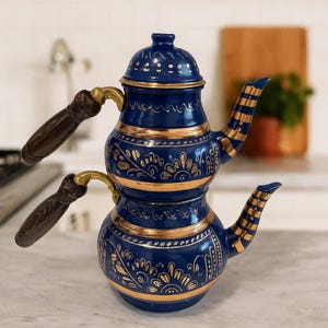Handmade Turkish Double Teapot – Blue & Red Copper Tea Kettle with Wooden Handles – Traditional Ottoman Style Kitchen Decor