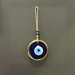Handmade Turkish Evil Eye Wall Hanging – Blue Nazar Charm with Gold Trim for Protection & Home Decor