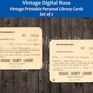 Vintage druckbare persönliche Bibliothek Checkout Karten 1940er Jahre digitale JPG PNG Format Set von 2 Karten