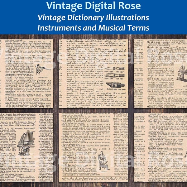 Vintage Printable Dictionary Page Illustrations Musical Instruments and Musical Terms