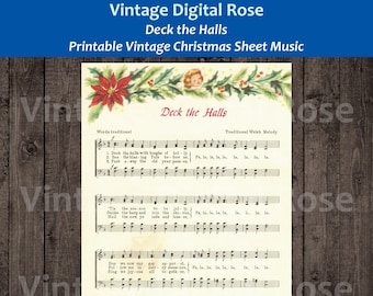 Deck the Halls Hall Printable Vintage Popular Christmas Carol Sheet Music Color Illustration