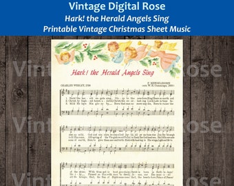 Hark! the Herald Angels Sing Printable Vintage Popular Christmas Carol Sheet Music Color Illustration