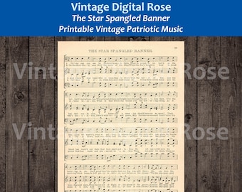 Pode incluir: Partitura musical vintage para "The Star Spangled Banner" com letras e notação musical. A partitura é impressa em papel envelhecido com um tom amarelado. O título é impresso em negrito preto.