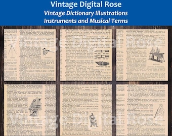 Vintage Printable Dictionary Page Illustrations Musical Instruments and Musical Terms