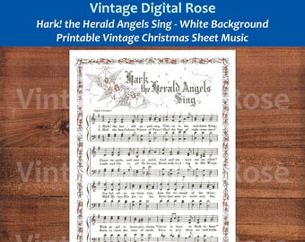 Hark the Herald Angels Sing Printable Vintage Christmas Hymn Carol Sheet Music Color Illustration White Background