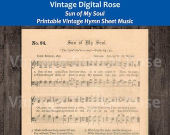 May include: Vintage sheet music for the hymn "Sun of My Soul" by John Keble. The music is printed on a cream-colored paper with black ink. The lyrics are printed in a traditional hymn style with musical notation.
