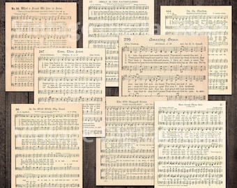 May include: A set of eight vintage hymn sheet music pages with titles like "Great is Thy Faithfulness", "Amazing Grace", "In the Garden", "Come, Thou Fount", "It Is Well With My Soul", "The Old Rugged Cross", and "How Great Thou Art". The pages are printed on aged paper with a cream background and black text.