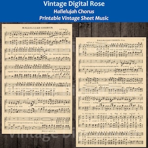 Może przedstawiać: Druk vintage'owego partytury Hallelujah Chorus, z tekstem "Hallelujah Chorus" i "Hallelujah Chorus - Con." na górze każdej strony. Nuty są zapisane czarnym atramentem na kremowym papierze.