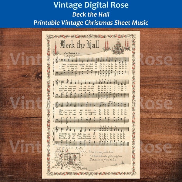 Deck the Hall Halls Printable Vintage Popular Christmas Carol Sheet Music Color Illustration