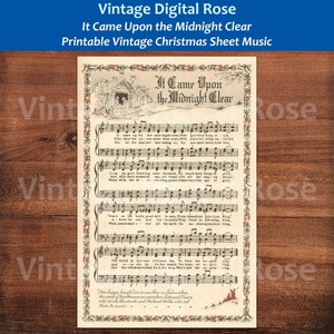 May include: Vintage printable sheet music for the Christmas carol "It Came Upon the Midnight Clear". The sheet music is in black and white with red accents. The title is written in a decorative font and is surrounded by a border of red and white stars. The lyrics are printed below the musical notation.