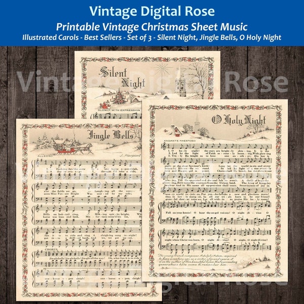 Printable Vintage Christmas Carols Color Illustrations Best Sellers Top Christmas Songs Set of 3 - Silent Night, Jingle Bells, O Holy Night