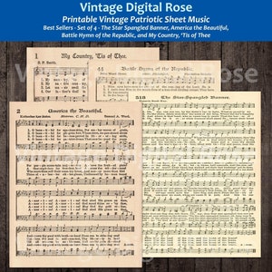 Printable Vintage Patriotic Sheet Music - Star Spangled Banner, America the Beautiful, Battle Hymn of the Republic, My Country, &#39;Tis of Thee