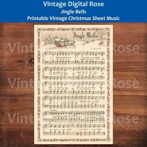 May include: Vintage sheet music for the Christmas carol "Jingle Bells". The sheet music is printed on a cream-colored paper with a red and white border. The title "Jingle Bells" is printed in black at the top of the page. The lyrics and music notes are printed in black ink. The sheet music is illustrated with a winter scene of a horse-drawn sleigh.