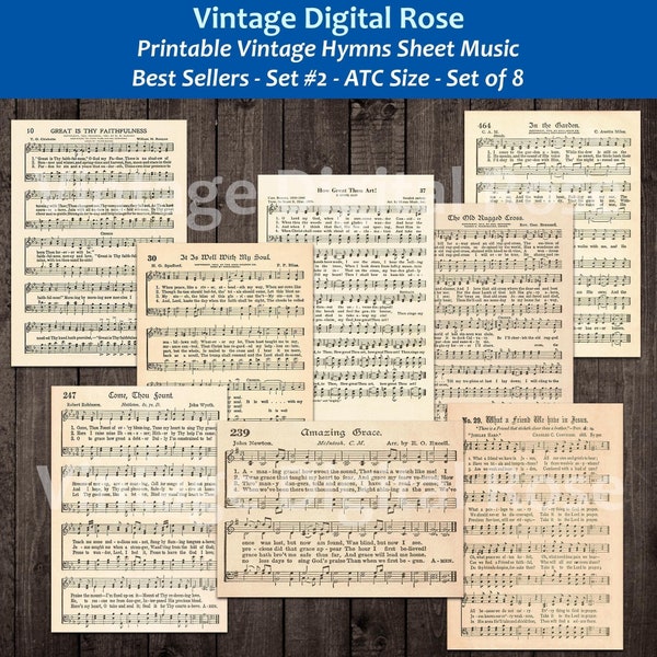 Printable Vintage Hymn Sheet Music Best Sellers Set 2 Top Songs Set of 8 ATC Size Artist Trading Card Journal Scrapbook