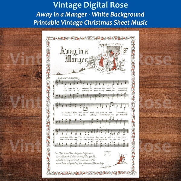 Away in a Manger Printable Vintage Christmas Hymn Carol Sheet Music Color Illustration White Background