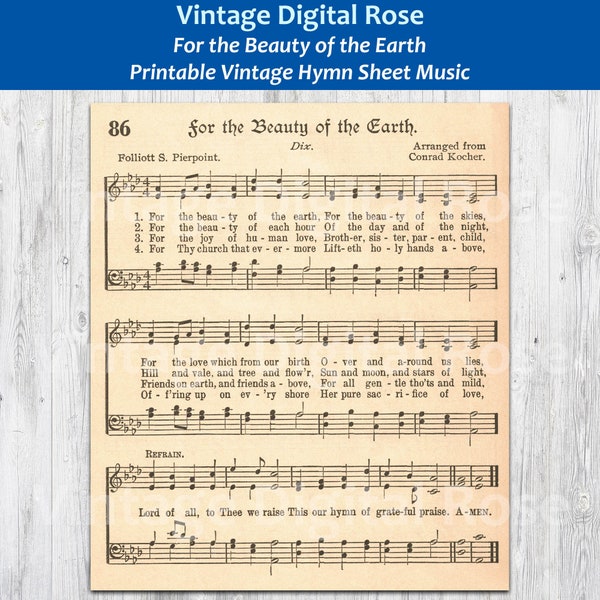 For the Beauty of the Earth Printable Vintage Hymn Sheet Music