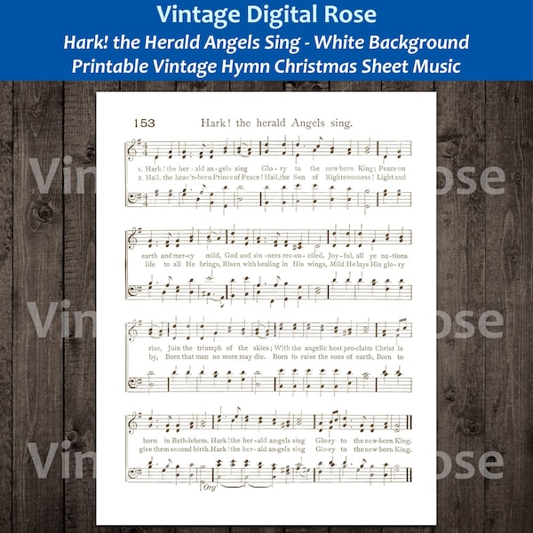 Hark! the Herald Angels Sing Printable Vintage Christmas Hymn Sheet Music White Background